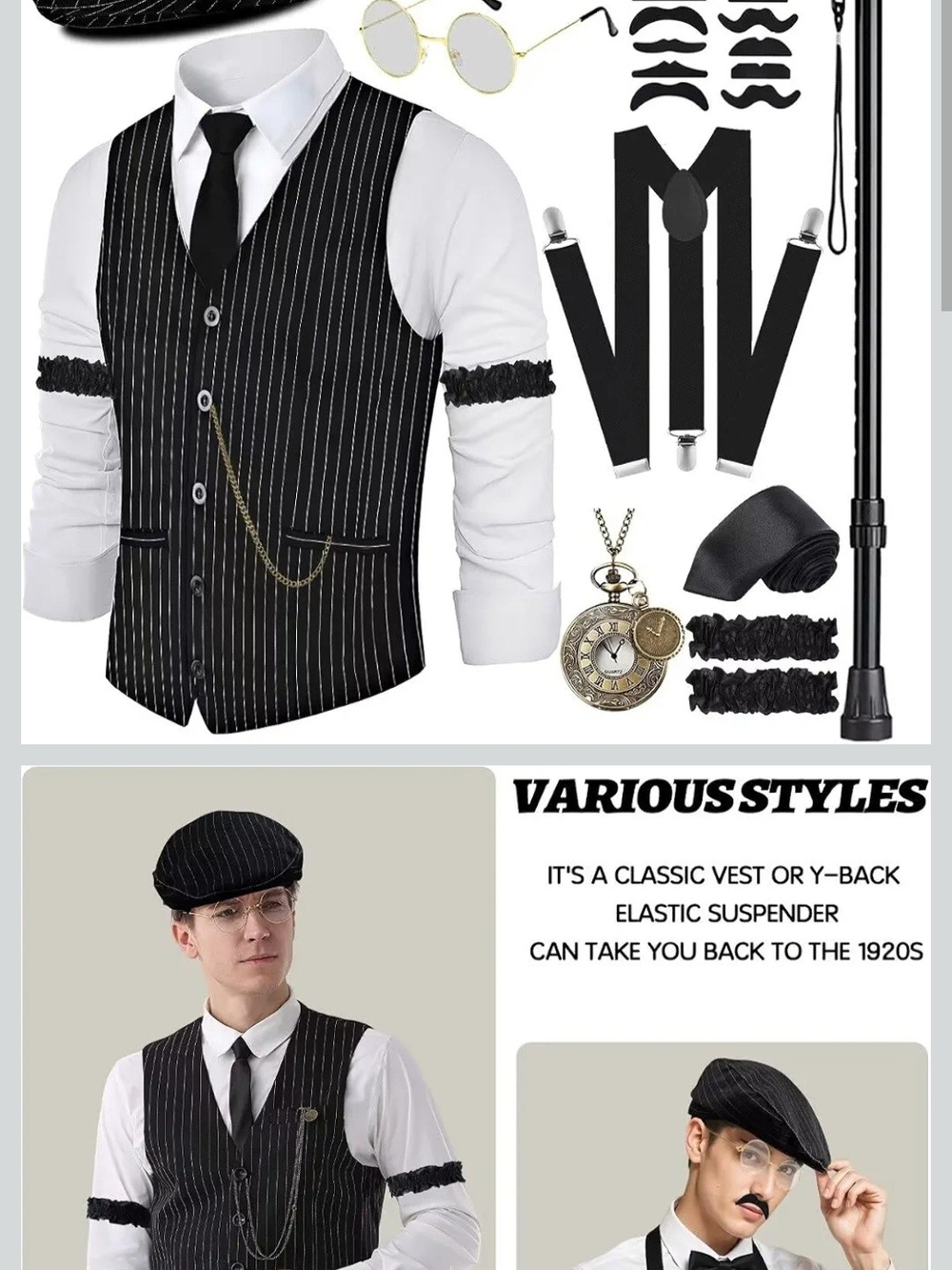 Mens Roaring 20s Halloween Costume With Accessories -  Size L - Black Pinstripe